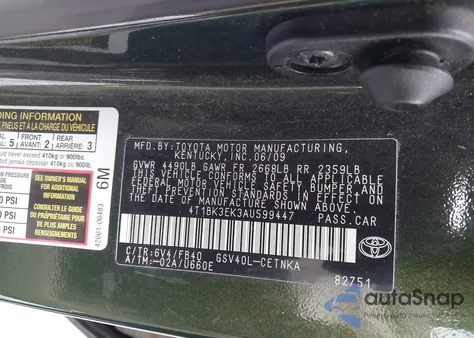 2010 Toyota Camry Le V6 z USA, uszkodzony, nr VIN 4T1BK3EK3AU599447